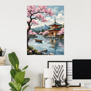 Fuji-berget med Cherry-Blommar Poster