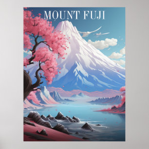 Fuji Cherry Blommars Retro Travel Poster