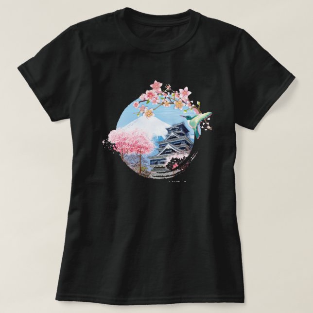 Fuji Japan med Temple och Sakura träd T Shirt (Design framsida)