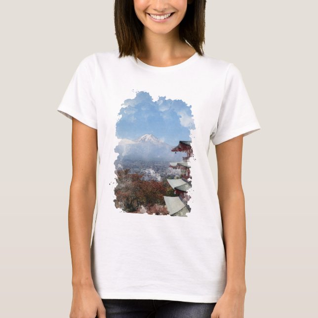 Fuji Japan Watercolor Art T-Shirt (Framsida)