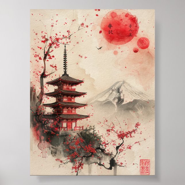 Fuji och Pagod – Klassiskt Japanskt Landskap Poster (Framsidan)