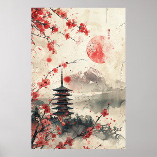 Fuji och Pagod – Klassiskt Japanskt Landskap Poster