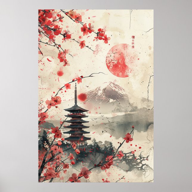 Fuji och Pagod – Klassiskt Japanskt Landskap Poster (Framsidan)