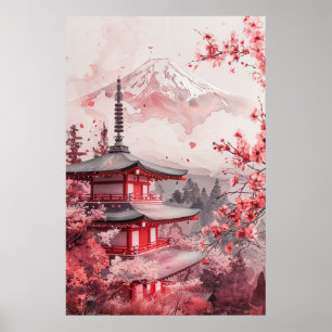 Fuji och pagod – Klassiskt japanskt landskap Poster