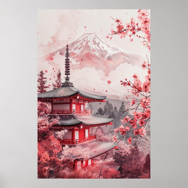 Fuji och pagod – Klassiskt japanskt landskap Poster (Framsidan)