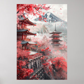 Fuji och pagod – Klassiskt japanskt landskap Poster