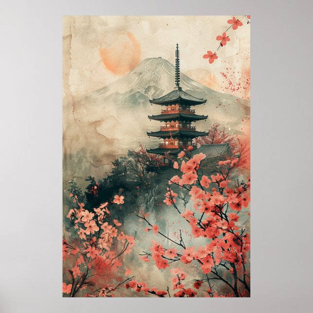 Fuji och pagod – Klassiskt japanskt landskap Poster (Framsidan)