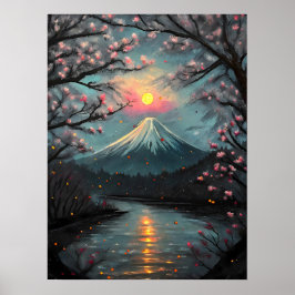 Fuji Solnedgång Körsbärsblomning Berg Konst Poster