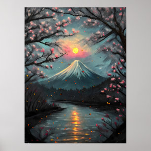 Fuji Solnedgång Körsbärsblomning Berg Konst Poster