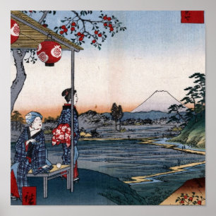 Fuji visad från ett Teahouse c. Japan på 1800-tale Poster