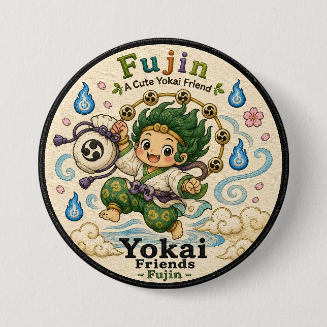 Fujin Japanese Wind God Yokai Pin Button Knapp (Framsida)