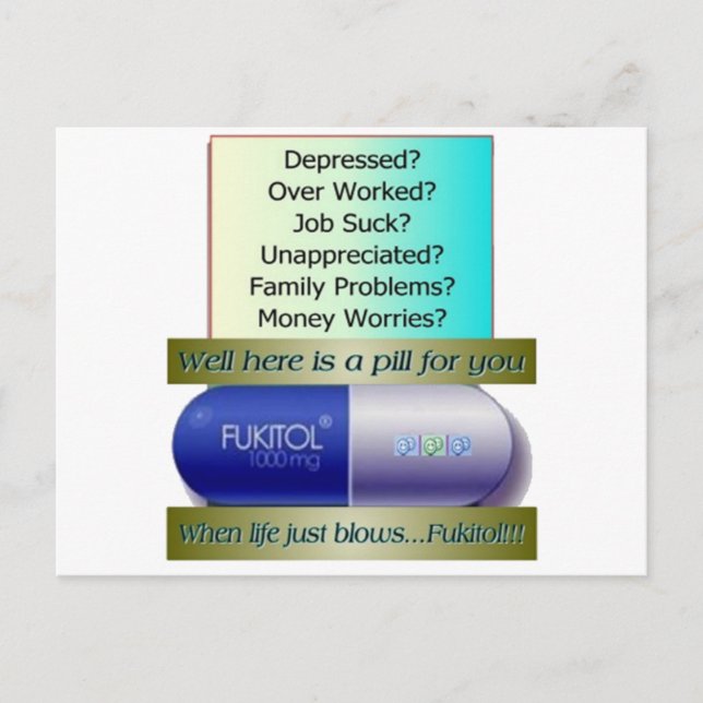 Fukitol, jobbsuger, över arbete, inga bekymmer. vykort (Framsida)