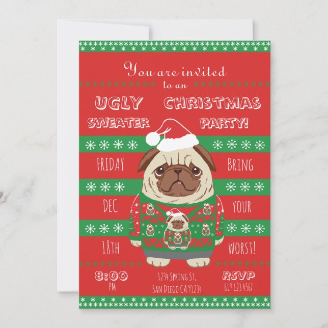 ful christmas sweater party pug inbjudningar (Framsida)