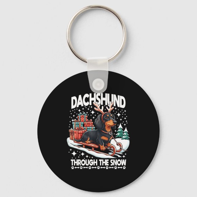Ful Dachshund Jul genom Snön Julklapp Jul Nyckelring (Framsida)