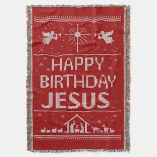 Ful jultröja - grattis på födelsedagen röda Jesus Mysfilt