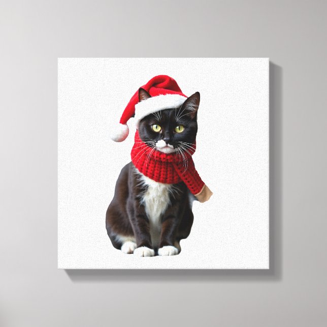 Fula jul Svart katt tomtehatt scarf Högtid C Canvastryck (Framsida)