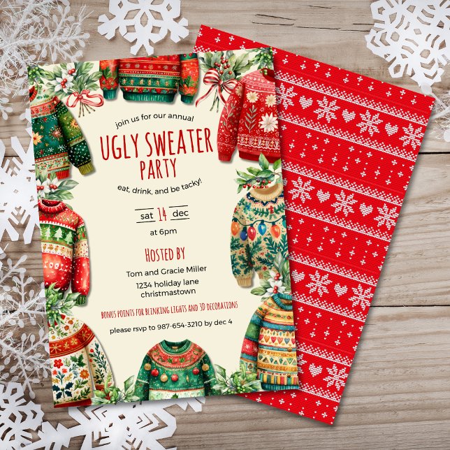 Fula Jultröja Julfest  Inbjudningar (Ugly Sweater Christmas Party Invitation with a variety of sweaters, handwritten font, sweater print.)