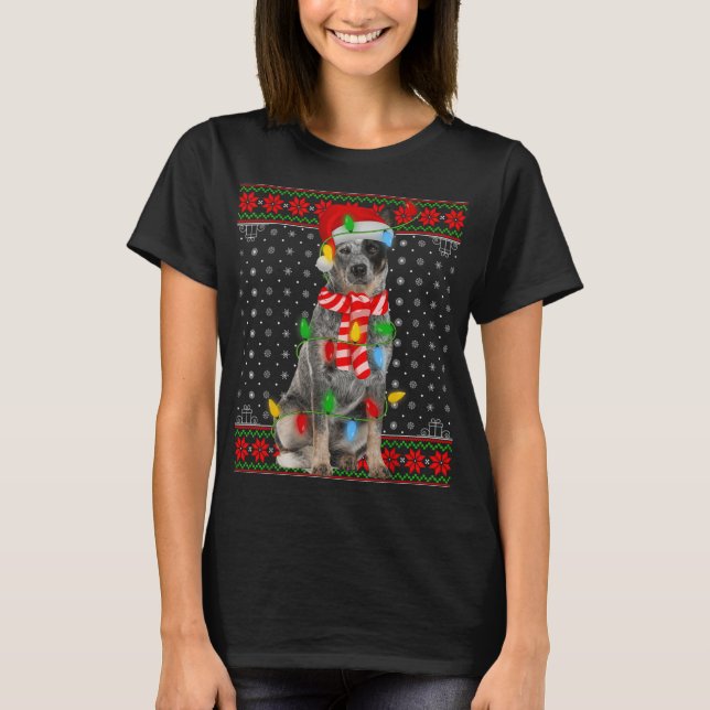 Fula Xmas Hund Ljus St Santa Hatt Blå Heeler Hund  T Shirt (Framsida)