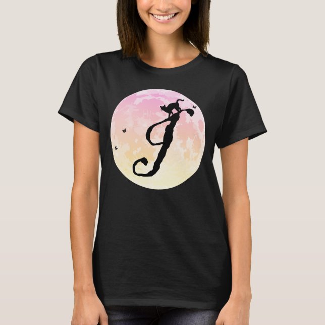 Full måne och katt I Initial Monogram T-Shirt (Framsida)