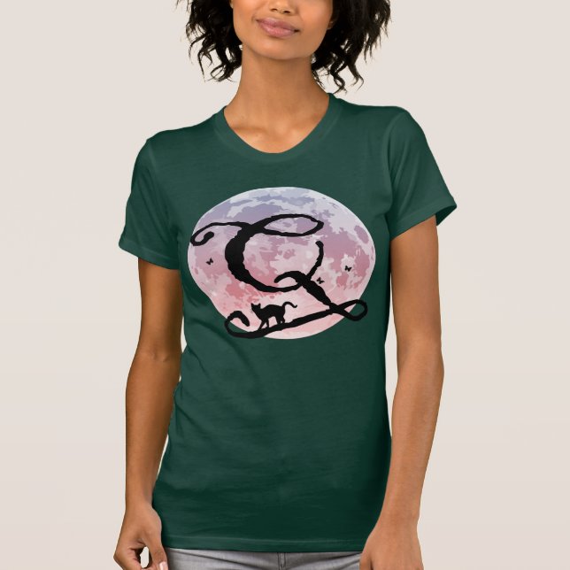 Full måne och katt Q initial Monogram T-Shirt (Framsida)