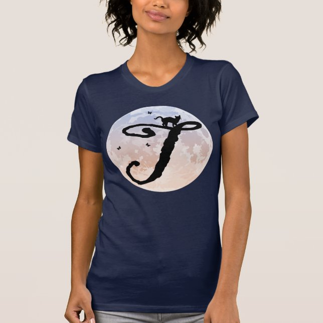 Full måne och katt T Initial Monogram T-Shirt (Framsida)