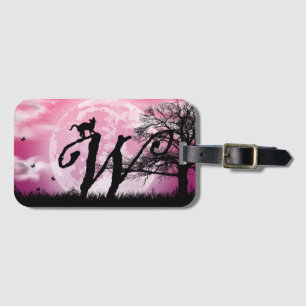 Full måne och katt W initial monogram resggage tag Bagagebricka