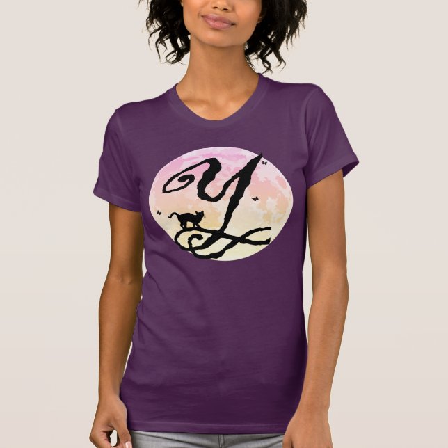 Full måne och katt Y Initial Monogram T-Shirt (Framsida)