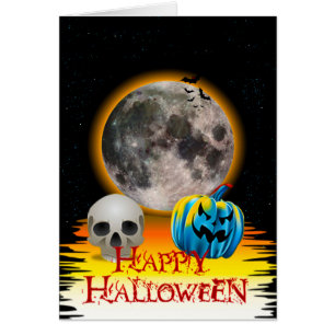 Full måne, Skull och blå Pumpkin på nattkort Hälsningskort