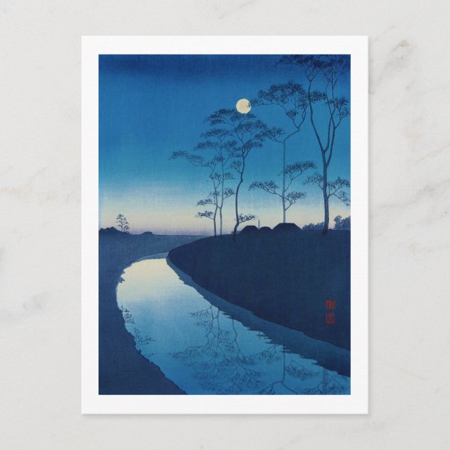 Full månnatt, Koho Shoda, Woodcut Vykort (Framsida)