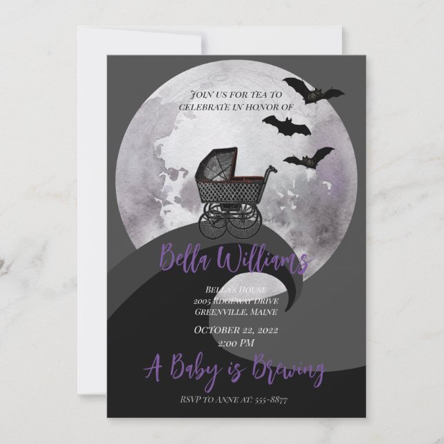 Full Moon Baby Carriage Fladdermus Witchy Baby Sho Inbjudningar (Framsida)