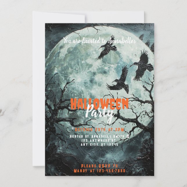 Full Moon Black Birds Creepy Halloween fest Inbjudningar (Framsida)