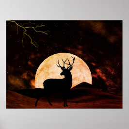 Full Moon, Blixt och Silhouette Buck Poster