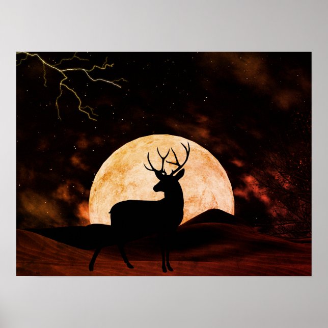 Full Moon, Blixt och Silhouette Buck Poster (Framsidan)