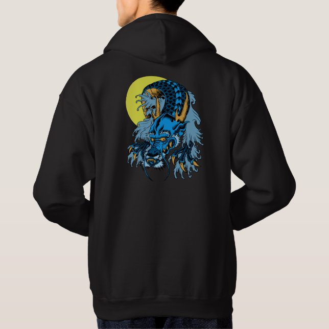Full Moon Blue Asiatisk Konst Drakon Hoodie (Baksida)
