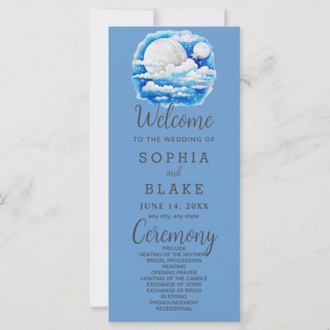 Full Moon Celestial Stars Blue Bröllopsprogram (Framsida)