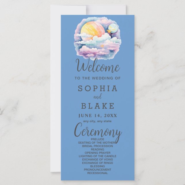 Full Moon Celestial Stars Blue Bröllopsprogram (Framsida)