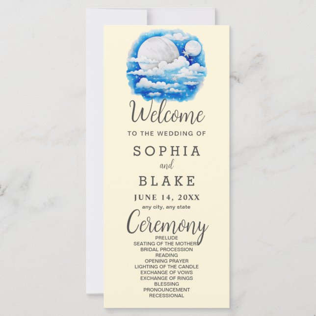 Full Moon Celestial Stars Gult Bröllopsprogram (Framsida)