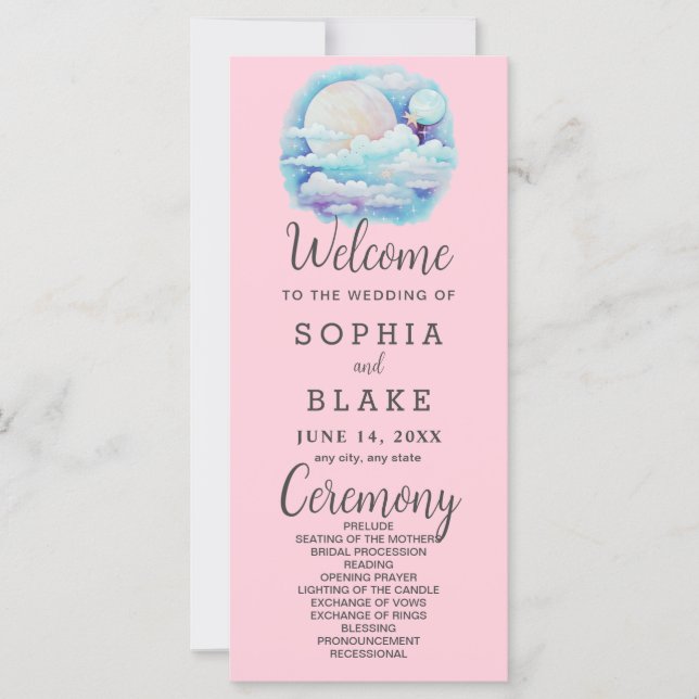 Full Moon Celestial Stars Rosa Bröllopsprogram (Framsida)