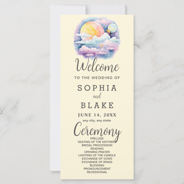 Full Moon Celestial Stars White Bröllopsprogram (Framsida)