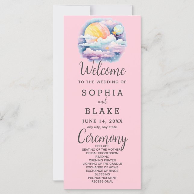 Full Moon Celestial Stars White Bröllopsprogram (Framsida)