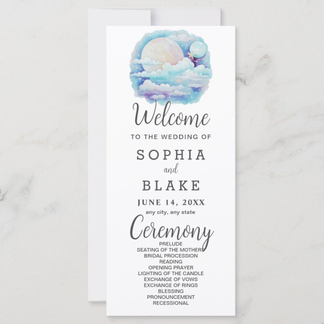 Full Moon Celestial Stars White Bröllopsprogram (Framsida)