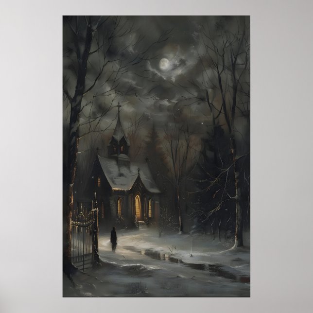 Full Moon Church in Snow Art Print Dark Academia Poster (Framsidan)
