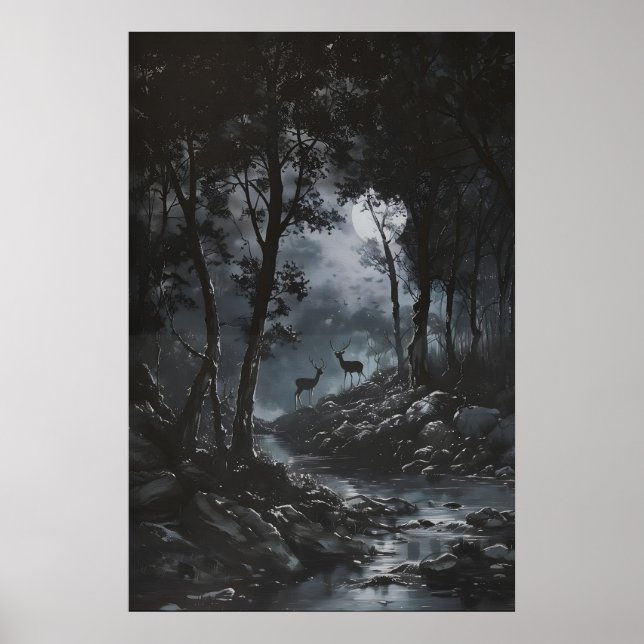 Full Moon Dark Forest with Fawn Deer Art Dark Poster (Framsidan)