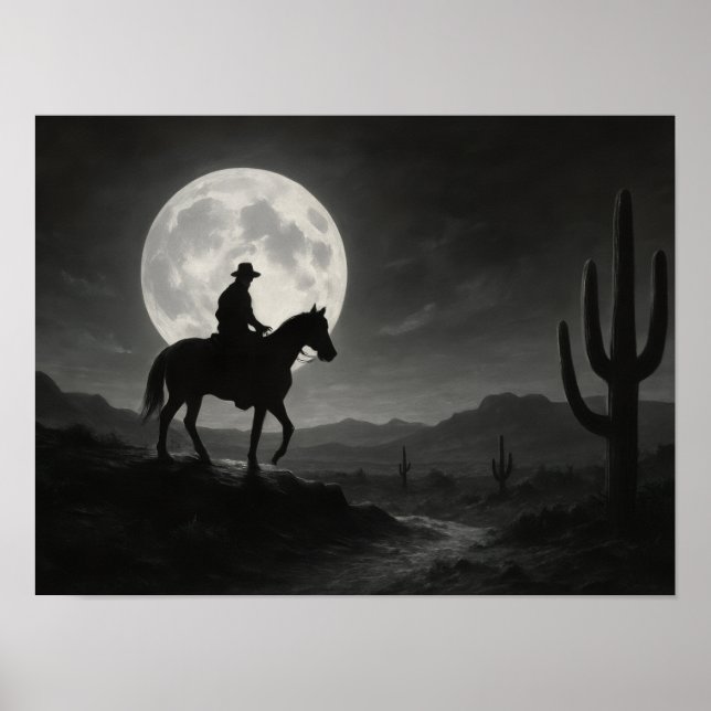 Full Moon Desert Print - Silver Night Western Poster (Framsidan)
