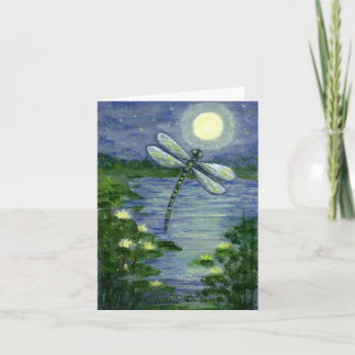 Full Moon Dragonfly Pond Waterlilies Art Note Card Kort