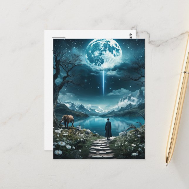 Full Moon Elephant och Woman Vykort (Fram/Back In Situ)