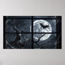 Full Moon Fladdermus Poster - Gothic Window View A