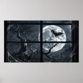 Full Moon Fladdermus Poster - Gothic Window View A
