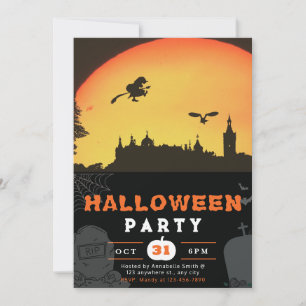 Full Moon Flies Witch Town Black Halloween Inbjudningar