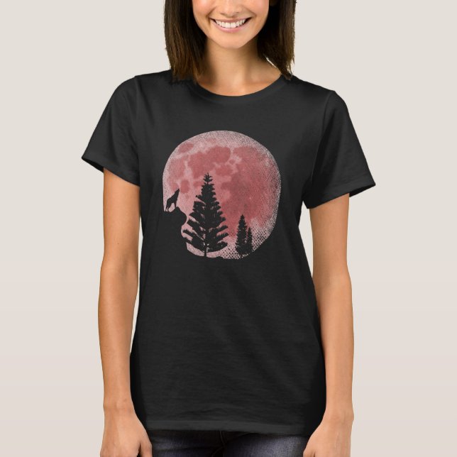 Full Moon Forest Animal Predator Red Måne Howling T Shirt (Framsida)